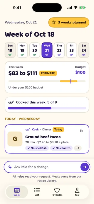 MioPrep week screen: the days of the week, an estimated grocery cost next to the budget, and today's dinner.
