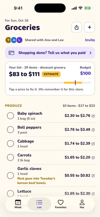 MioPrep grocery list with an estimated total range, the budget, and produce items priced by the package.
