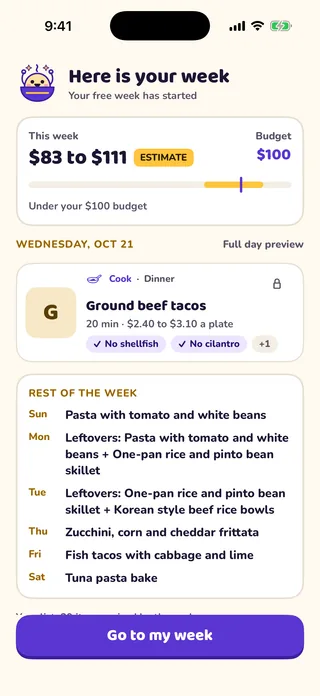 MioPrep screen titled Here is your week, with an estimated cost range, the budget, one day of meals and the dishes for the other days.