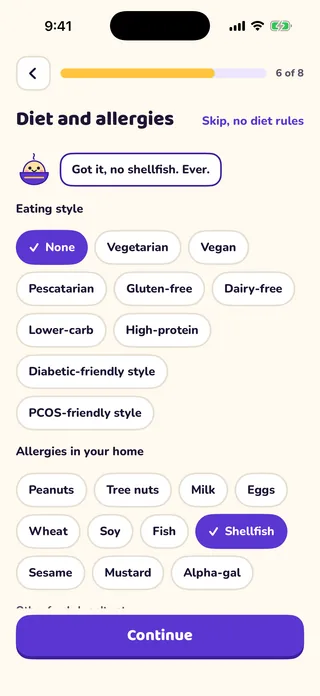 MioPrep quiz screen with eating styles and a list of allergies. Shellfish is selected.