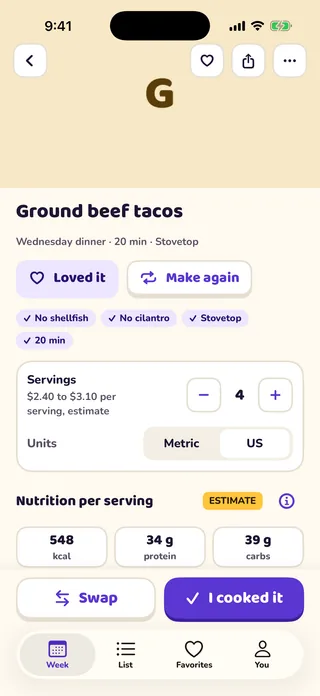 MioPrep recipe screen with a servings control, a metric and US units switch, and estimated nutrition per serving.