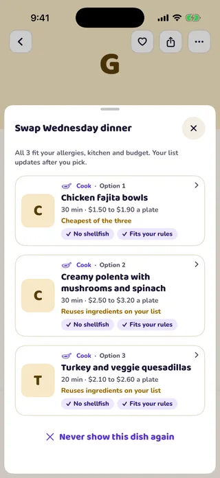 MioPrep swap screen with three dinner options, each with cooking time and cost per plate.