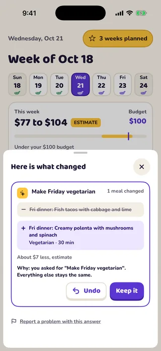 MioPrep change screen showing that Friday dinner was replaced with a vegetarian dish, with Undo and Keep it buttons.