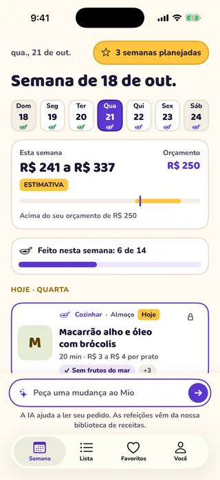 Tela da semana no MioPrep: os dias da semana, o custo estimado das compras ao lado do orçamento e o almoço de hoje.