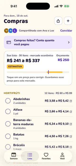 Lista de compras do MioPrep com a faixa de custo estimada, o orçamento e itens do hortifrúti com preço por embalagem.