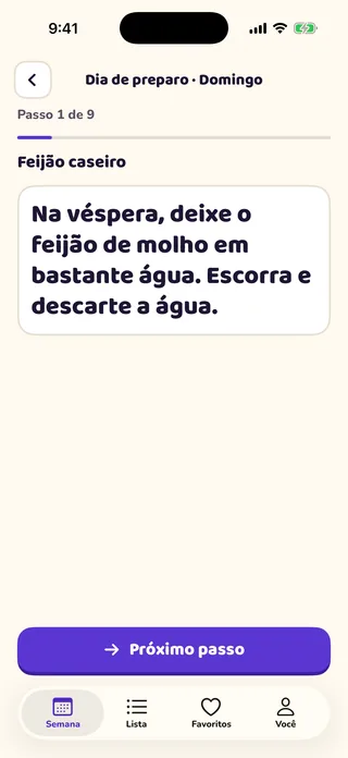 Tela Dia de preparo do MioPrep mostrando o primeiro passo de uma receita.