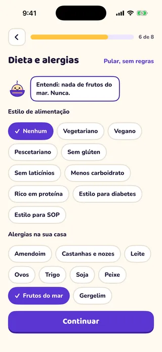 Tela de perguntas do MioPrep com estilos de alimentação e uma lista de alergias. Frutos do mar está selecionado.