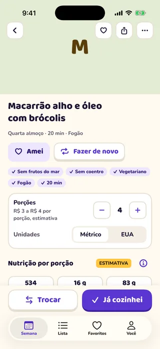 Tela de receita do MioPrep com controle de porções, opção de unidades e nutrição estimada por porção.