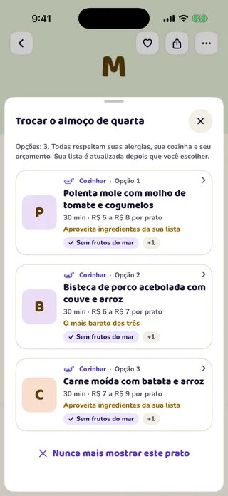 Tela de troca do MioPrep com três opções de almoço, cada uma com tempo de preparo e custo por prato.