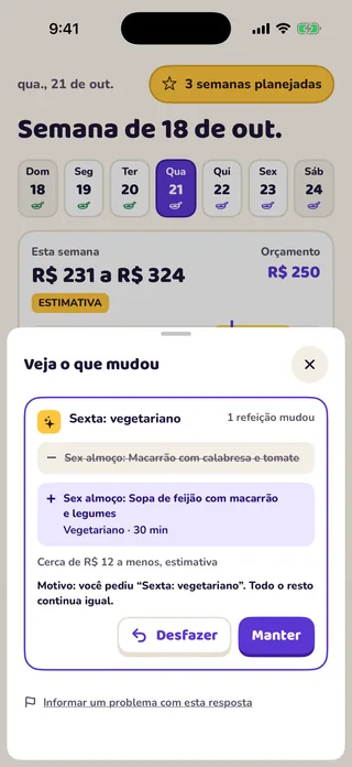 Tela de mudança do MioPrep mostrando que o almoço de sexta foi trocado por um prato vegetariano, com os botões Desfazer e Manter.